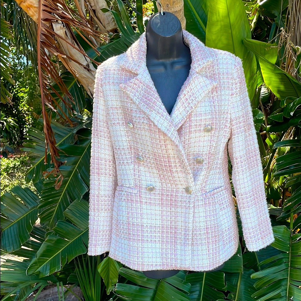 Pink and gold tweed plaid jacket